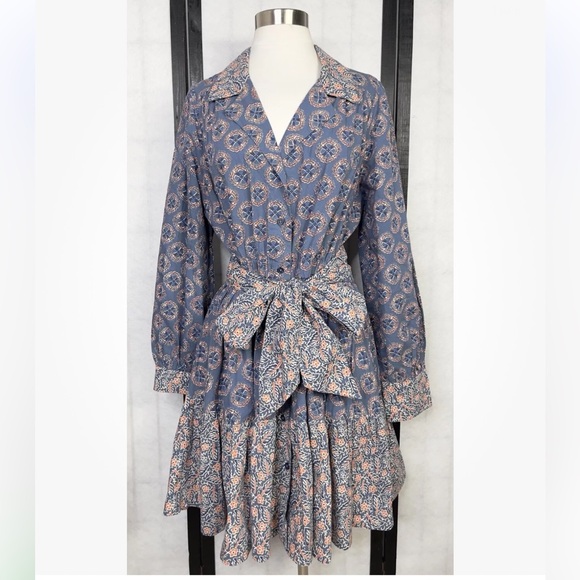 Roller Rabbit Primrose Shea Printed Long Puff Sleeve Notch Collar Dress. Size: L